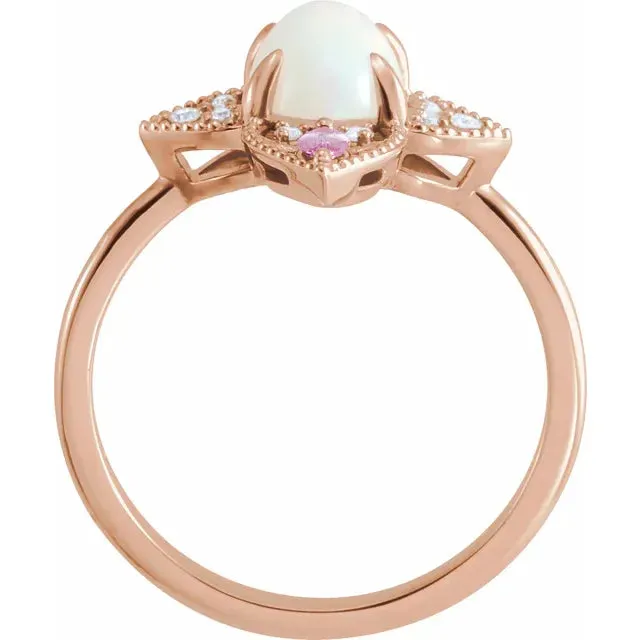 Fire Brilliance Rings Natural Ethiopian Opal with Pink Sapphire and Diamond Vintage Ring