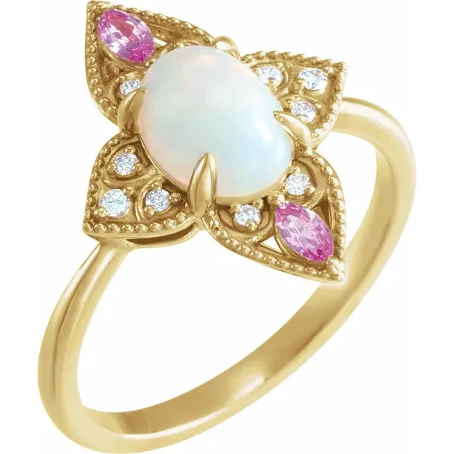 Fire Brilliance Rings Natural Ethiopian Opal with Pink Sapphire and Diamond Vintage Ring
