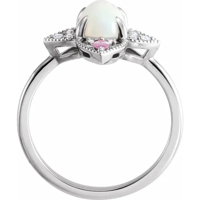 Fire Brilliance Rings Natural Ethiopian Opal with Pink Sapphire and Diamond Vintage Ring