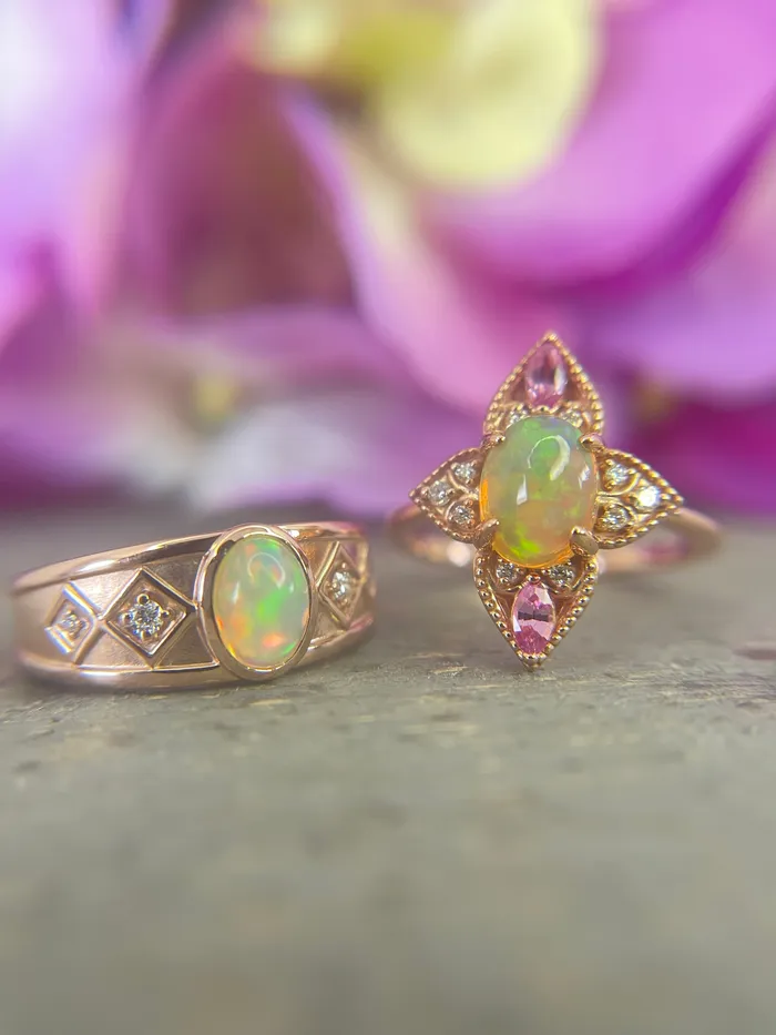 Fire Brilliance Rings Natural Ethiopian Opal with Pink Sapphire and Diamond Vintage Ring