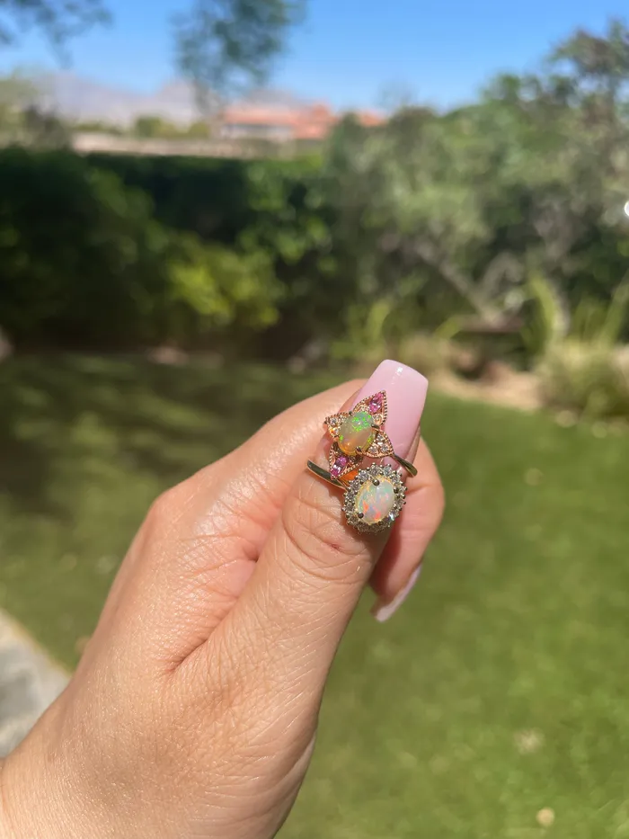 Fire Brilliance Rings Natural Ethiopian Opal with Pink Sapphire and Diamond Vintage Ring