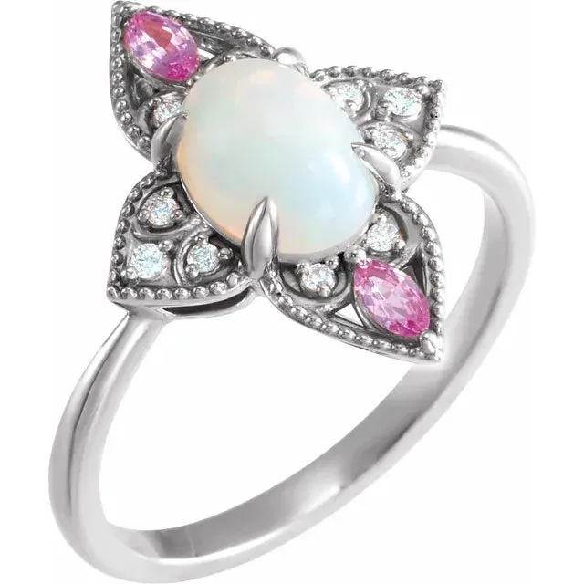 Fire Brilliance Rings Natural Ethiopian Opal with Pink Sapphire and Diamond Vintage Ring