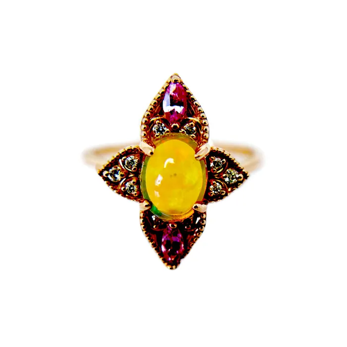 Fire Brilliance Rings Natural Ethiopian Opal with Pink Sapphire and Diamond Vintage Ring