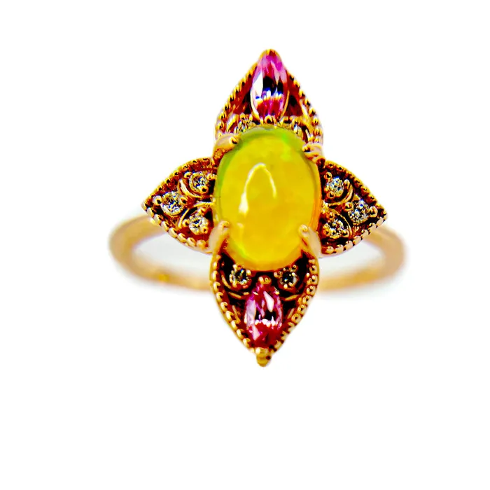 Fire Brilliance Rings Natural Ethiopian Opal with Pink Sapphire and Diamond Vintage Ring