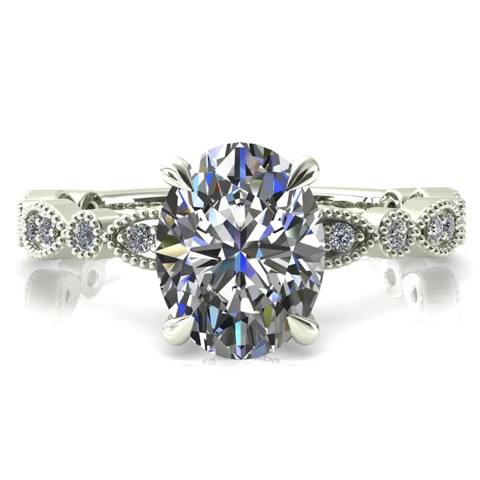 Fire Brilliance Rings Oval Center Stone with a Diamond Accented Milgrain Shank