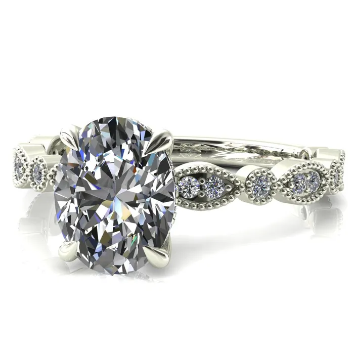 Fire Brilliance Rings Oval Center Stone with a Diamond Accented Milgrain Shank
