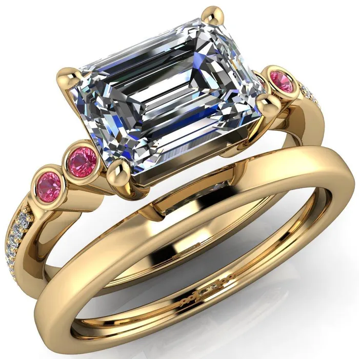 Fire Brilliance Rings Philippa Emerald Moissanite 4 Pink Sapphire Sides 4 Prong Under Bezel Multi Stone Engagement Ring