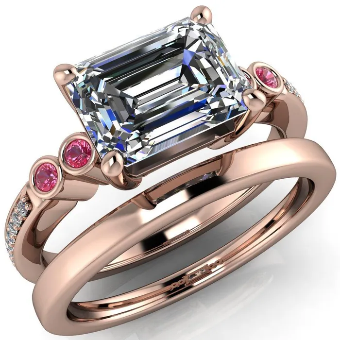 Fire Brilliance Rings Philippa Emerald Moissanite 4 Pink Sapphire Sides 4 Prong Under Bezel Multi Stone Engagement Ring