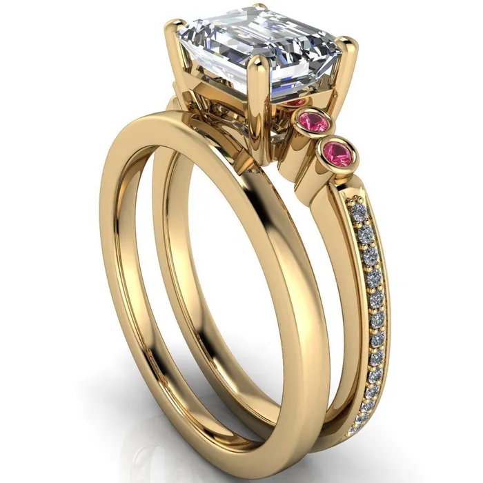 Fire Brilliance Rings Philippa Emerald Moissanite 4 Pink Sapphire Sides 4 Prong Under Bezel Multi Stone Engagement Ring