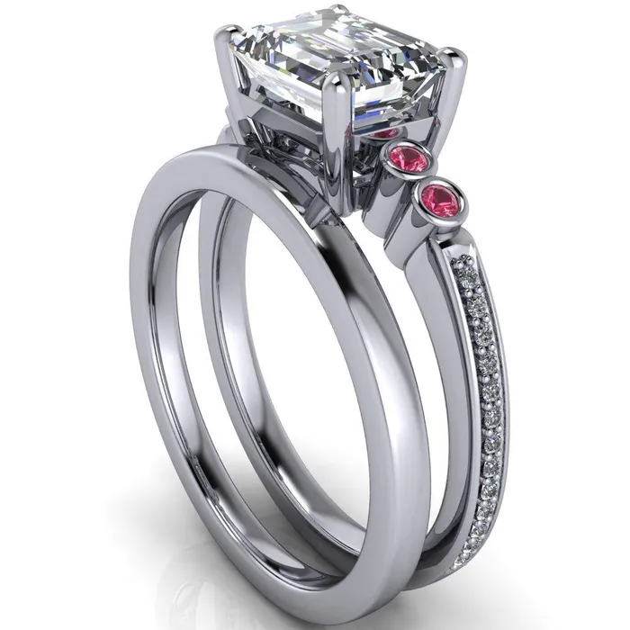Fire Brilliance Rings Philippa Emerald Moissanite 4 Pink Sapphire Sides 4 Prong Under Bezel Multi Stone Engagement Ring