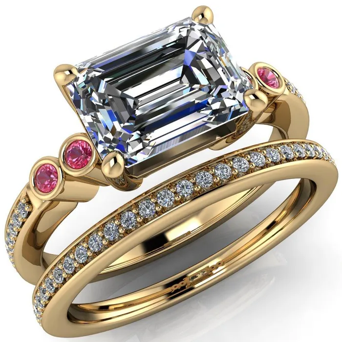 Fire Brilliance Rings Philippa Emerald Moissanite 4 Pink Sapphire Sides 4 Prong Under Bezel Multi Stone Engagement Ring