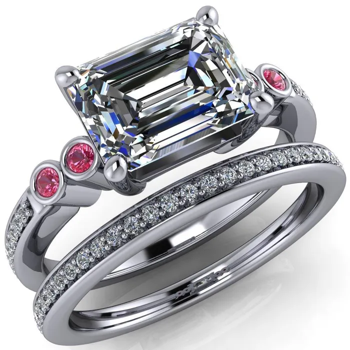 Fire Brilliance Rings Philippa Emerald Moissanite 4 Pink Sapphire Sides 4 Prong Under Bezel Multi Stone Engagement Ring