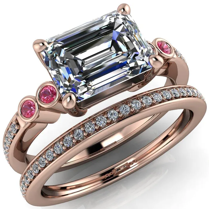 Fire Brilliance Rings Philippa Emerald Moissanite 4 Pink Sapphire Sides 4 Prong Under Bezel Multi Stone Engagement Ring