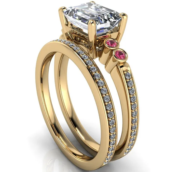 Fire Brilliance Rings Philippa Emerald Moissanite 4 Pink Sapphire Sides 4 Prong Under Bezel Multi Stone Engagement Ring