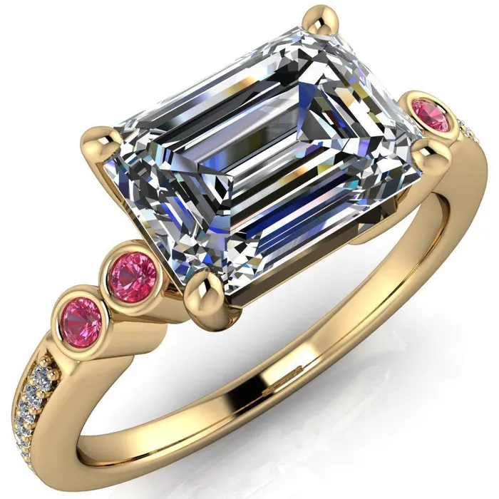 Fire Brilliance Rings Philippa Emerald Moissanite 4 Pink Sapphire Sides 4 Prong Under Bezel Multi Stone Engagement Ring