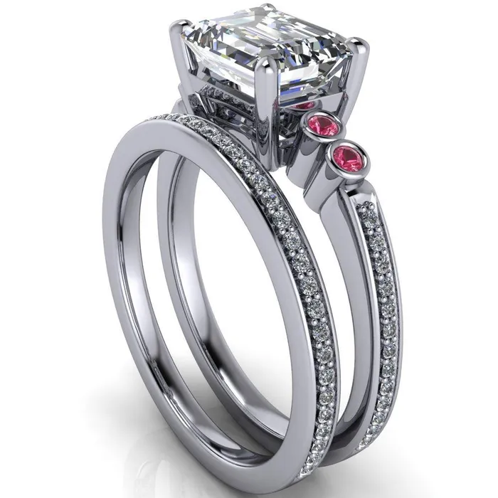 Fire Brilliance Rings Philippa Emerald Moissanite 4 Pink Sapphire Sides 4 Prong Under Bezel Multi Stone Engagement Ring