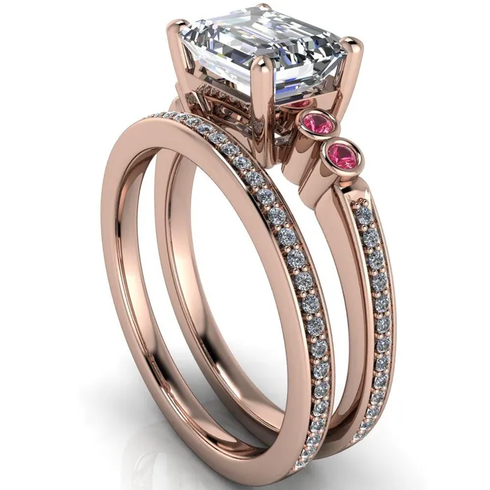 Fire Brilliance Rings Philippa Emerald Moissanite 4 Pink Sapphire Sides 4 Prong Under Bezel Multi Stone Engagement Ring