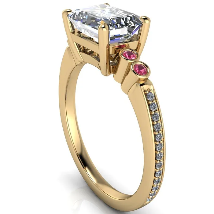 Fire Brilliance Rings Philippa Emerald Moissanite 4 Pink Sapphire Sides 4 Prong Under Bezel Multi Stone Engagement Ring