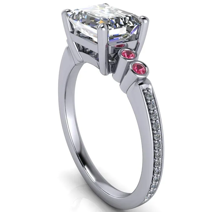 Fire Brilliance Rings Philippa Emerald Moissanite 4 Pink Sapphire Sides 4 Prong Under Bezel Multi Stone Engagement Ring