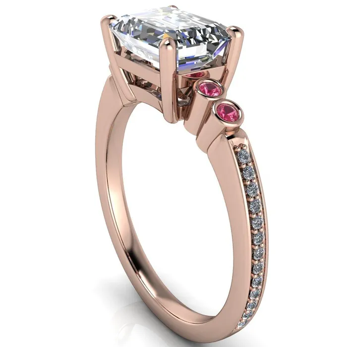 Fire Brilliance Rings Philippa Emerald Moissanite 4 Pink Sapphire Sides 4 Prong Under Bezel Multi Stone Engagement Ring