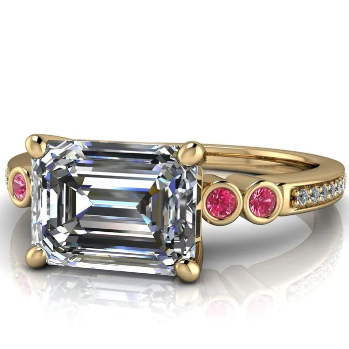 Fire Brilliance Rings Philippa Emerald Moissanite 4 Pink Sapphire Sides 4 Prong Under Bezel Multi Stone Engagement Ring