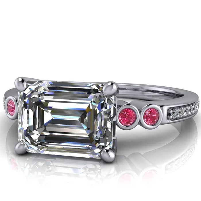 Fire Brilliance Rings Philippa Emerald Moissanite 4 Pink Sapphire Sides 4 Prong Under Bezel Multi Stone Engagement Ring
