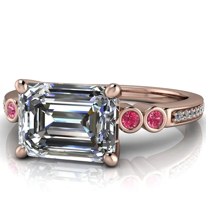 Fire Brilliance Rings Philippa Emerald Moissanite 4 Pink Sapphire Sides 4 Prong Under Bezel Multi Stone Engagement Ring