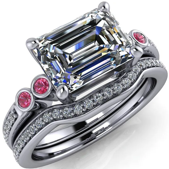 Fire Brilliance Rings Philippa Emerald Moissanite 4 Pink Sapphire Sides 4 Prong Under Bezel Multi Stone Engagement Ring
