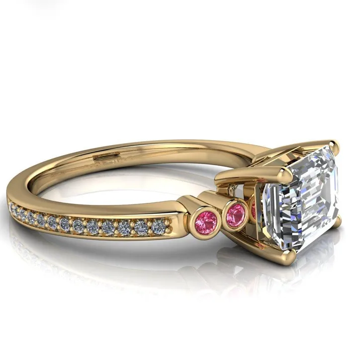Fire Brilliance Rings Philippa Emerald Moissanite 4 Pink Sapphire Sides 4 Prong Under Bezel Multi Stone Engagement Ring