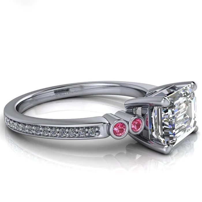 Fire Brilliance Rings Philippa Emerald Moissanite 4 Pink Sapphire Sides 4 Prong Under Bezel Multi Stone Engagement Ring