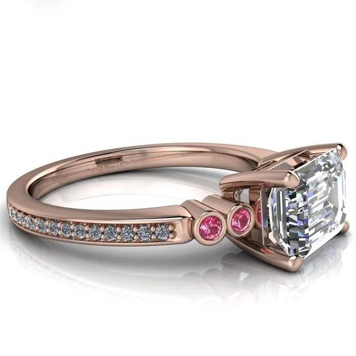Fire Brilliance Rings Philippa Emerald Moissanite 4 Pink Sapphire Sides 4 Prong Under Bezel Multi Stone Engagement Ring