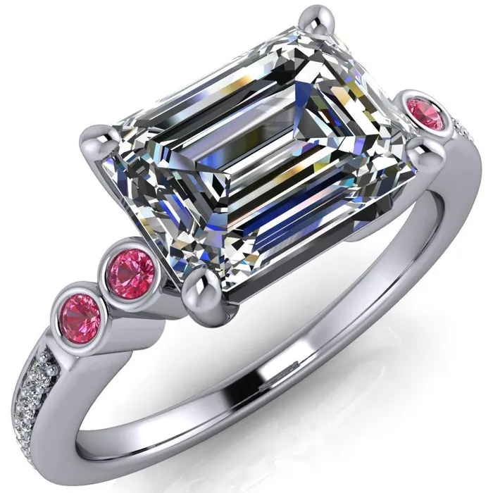 Fire Brilliance Rings Philippa Emerald Moissanite 4 Pink Sapphire Sides 4 Prong Under Bezel Multi Stone Engagement Ring