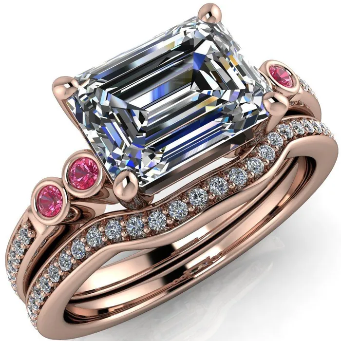 Fire Brilliance Rings Philippa Emerald Moissanite 4 Pink Sapphire Sides 4 Prong Under Bezel Multi Stone Engagement Ring
