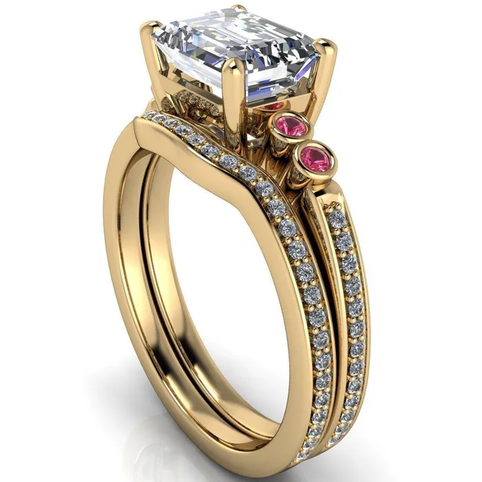 Fire Brilliance Rings Philippa Emerald Moissanite 4 Pink Sapphire Sides 4 Prong Under Bezel Multi Stone Engagement Ring