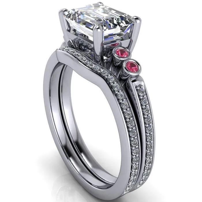 Fire Brilliance Rings Philippa Emerald Moissanite 4 Pink Sapphire Sides 4 Prong Under Bezel Multi Stone Engagement Ring
