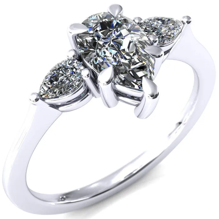 Fire Brilliance Rings Robyn Pear Moissanite 4 Claw Prong 2 Rail Basket Pear Sidestones Inverted Cathedral Engagement Ring Fire Brilliance Rings Robyn Pear Moissanite 4 Claw Prong 2 Rail Basket Pear Sidestones Inverted Cathedral Engagement Ring