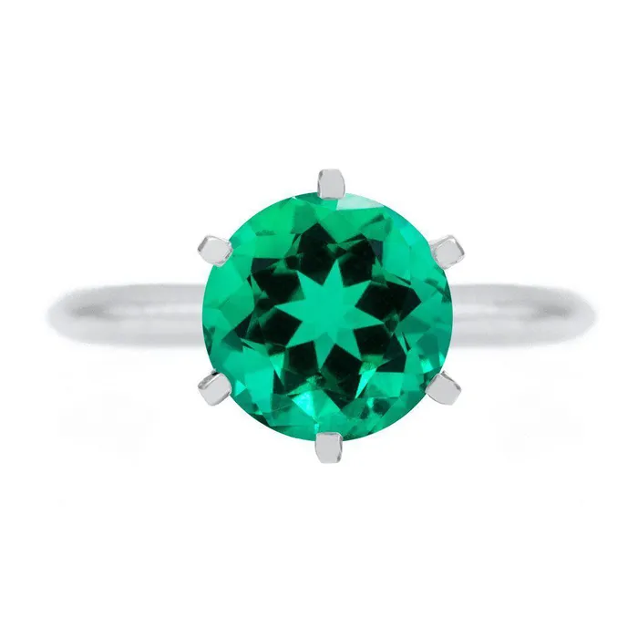 Fire Brilliance Rings Round Emerald Platinum 6 Prongs Solitaire Ring