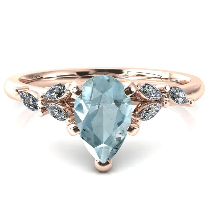 Fire Brilliance Rings Sigrid Pear Aqua Blue Spinel 5 Prong Marquise Diamond Side Ring