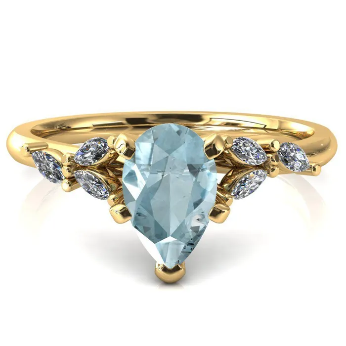 Fire Brilliance Rings Sigrid Pear Aqua Blue Spinel 5 Prong Marquise Diamond Side Ring