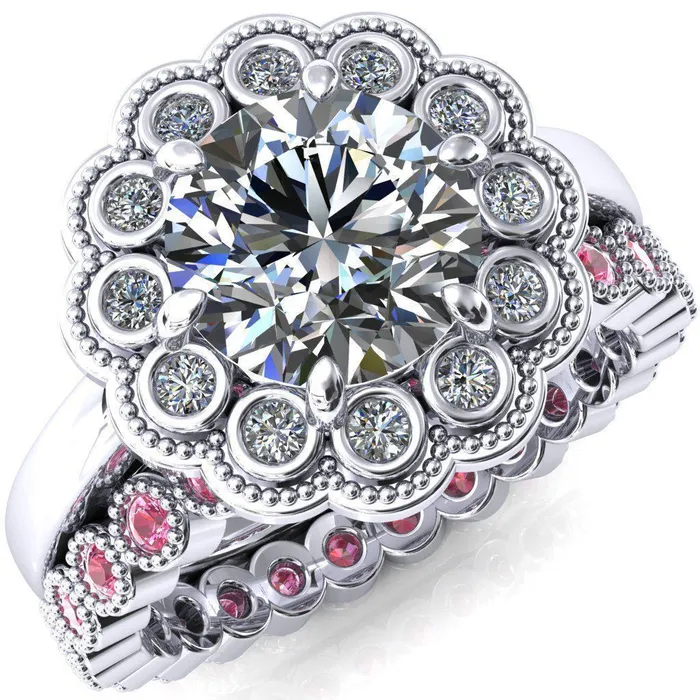 Fire Brilliance Rings Zinnia Round Center Stone 6 Prongs Milgrain Halo Accent Diamonds Pink Sapphire Ring Fire Brilliance Rings Zinnia Round Center Stone 6 Prongs Milgrain Halo Accent Diamonds Pink Sapphire Ring