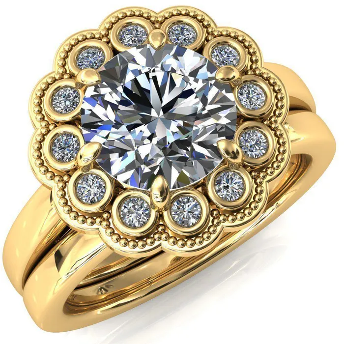 Fire Brilliance Rings Zinnia Round Center Stone 6 Prongs Milgrain Halo Accent Diamonds Pink Sapphire Ring