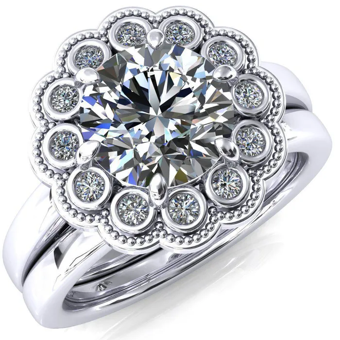 Fire Brilliance Rings Zinnia Round Center Stone 6 Prongs Milgrain Halo Accent Diamonds Pink Sapphire Ring