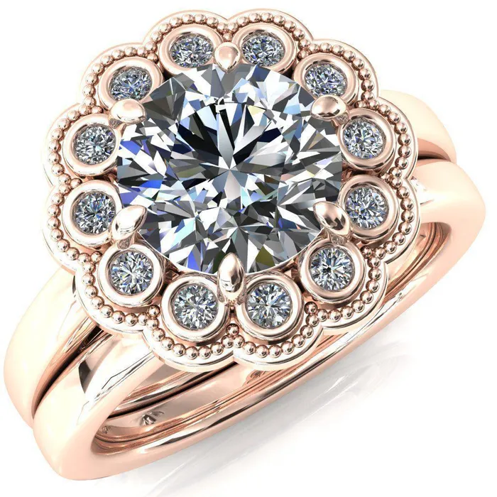 Fire Brilliance Rings Zinnia Round Center Stone 6 Prongs Milgrain Halo Accent Diamonds Pink Sapphire Ring