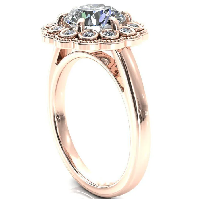 Fire Brilliance Rings Zinnia Round Center Stone 6 Prongs Milgrain Halo Accent Diamonds Pink Sapphire Ring