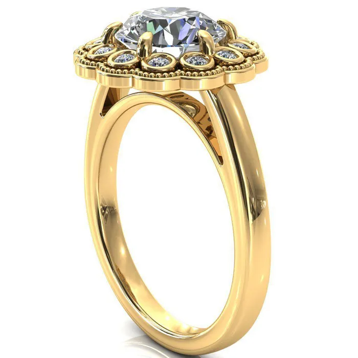 Fire Brilliance Rings Zinnia Round Center Stone 6 Prongs Milgrain Halo Accent Diamonds Pink Sapphire Ring