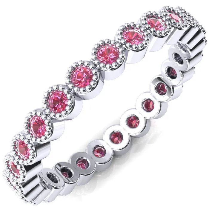 Fire Brilliance Rings Zinnia Round Center Stone 6 Prongs Milgrain Halo Accent Diamonds Pink Sapphire Ring