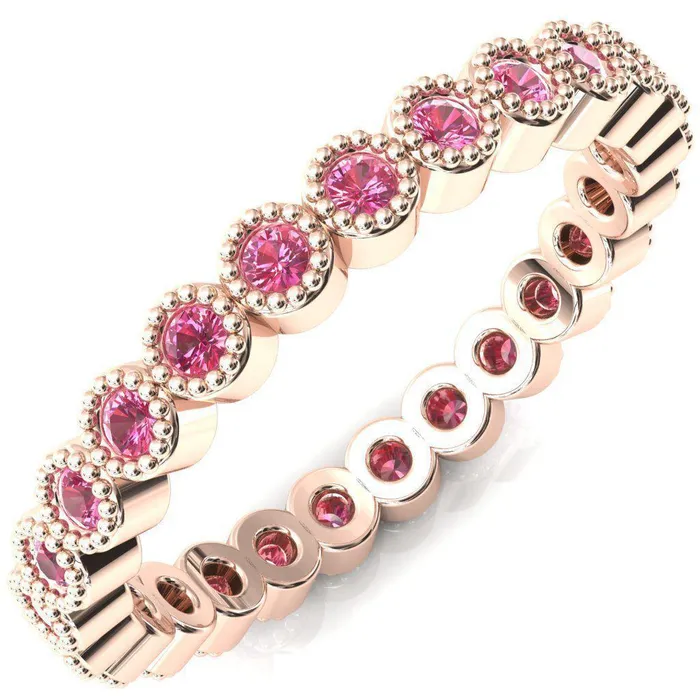 Fire Brilliance Rings Zinnia Round Center Stone 6 Prongs Milgrain Halo Accent Diamonds Pink Sapphire Ring