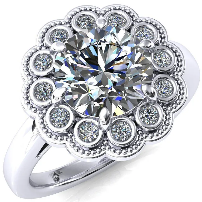 Fire Brilliance Rings Zinnia Round Center Stone 6 Prongs Milgrain Halo Accent Diamonds Pink Sapphire Ring