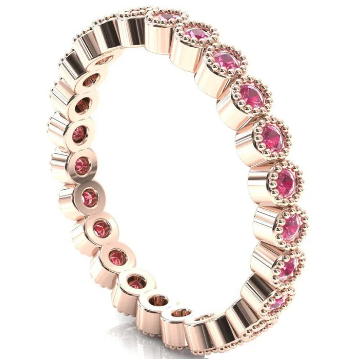 Fire Brilliance Rings Zinnia Round Center Stone 6 Prongs Milgrain Halo Accent Diamonds Pink Sapphire Ring