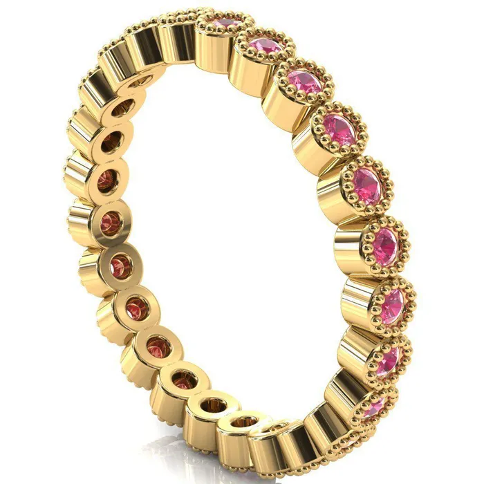 Fire Brilliance Rings Zinnia Round Center Stone 6 Prongs Milgrain Halo Accent Diamonds Pink Sapphire Ring